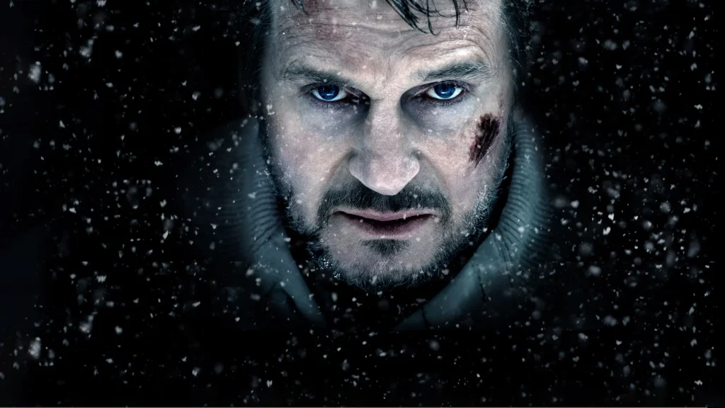 Liam Neeson portrait in the snow in The Grey