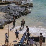 Chris Pratt and Bryce Dallas Howard filming Jurassic World 2 on a beach